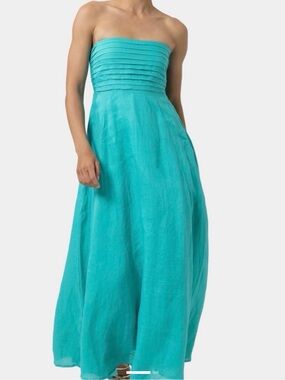 Lusana Talia Pintuck Linen Maxi Dress Deep Aqua